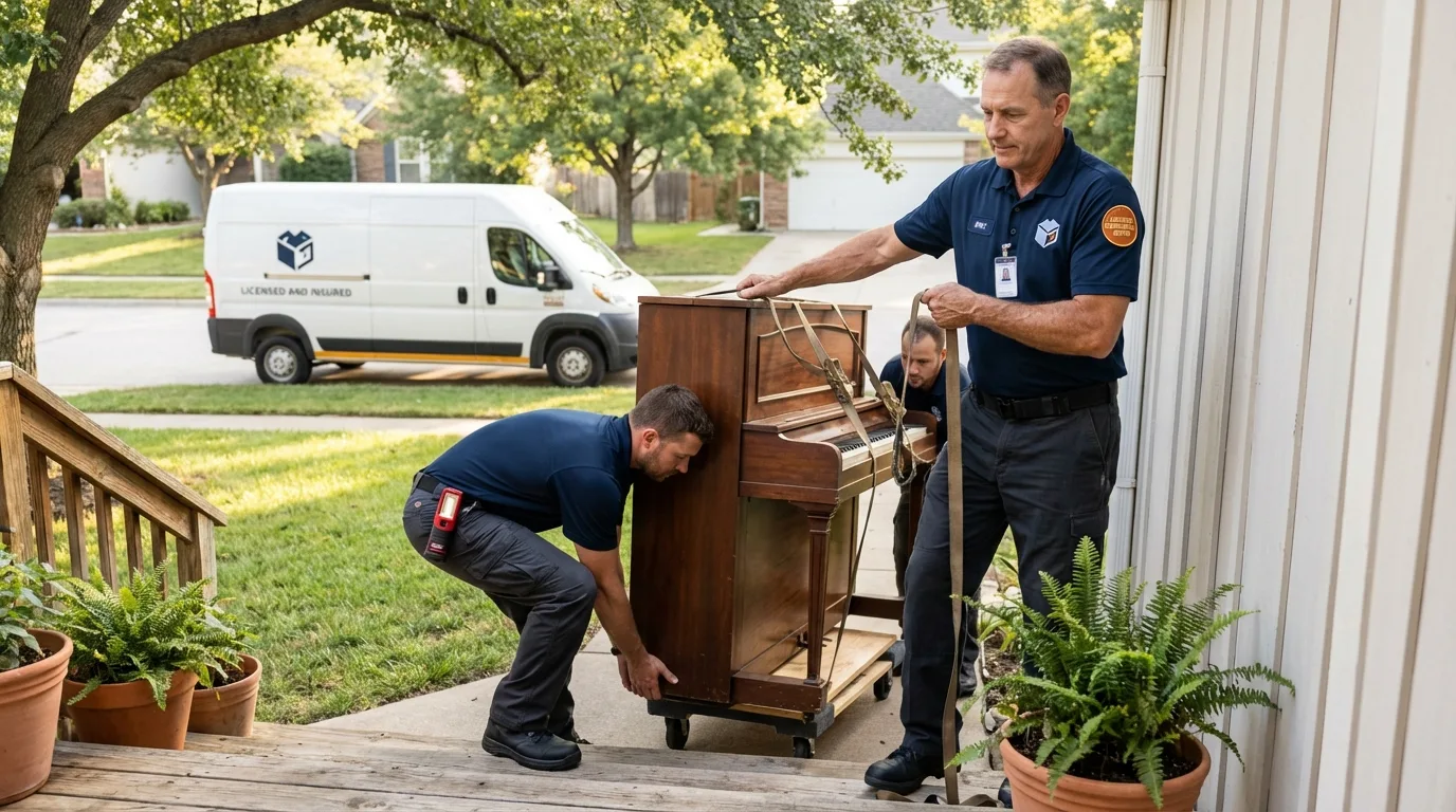 Licensed piano movers securing grand piano in Pima, AZ