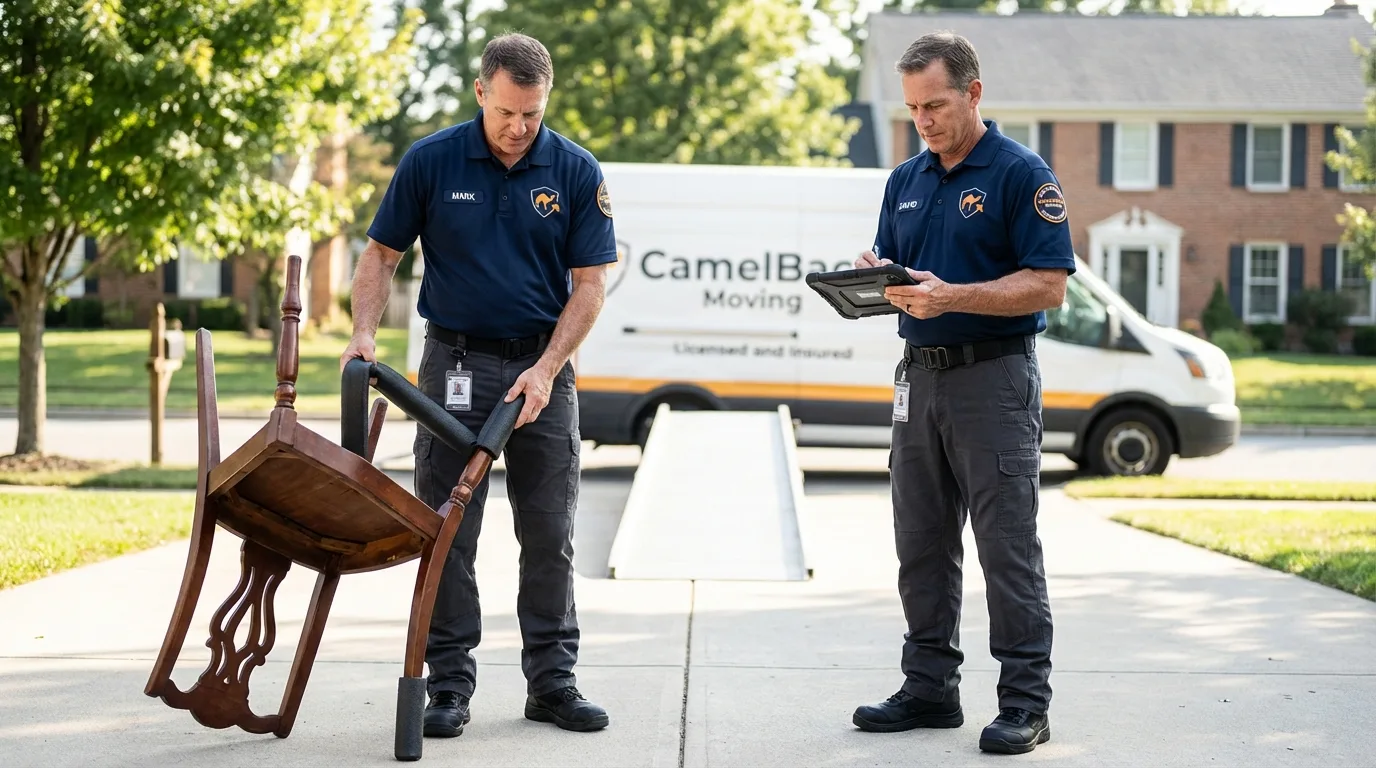 Movers inspecting furniture for damage prevention before loading in Pima, AZ