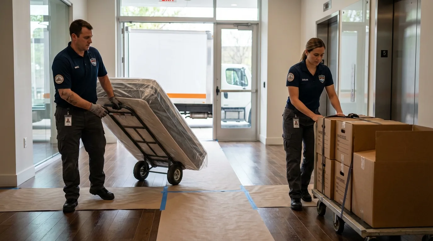 Professional apartment movers loading elevator in Pima, AZ